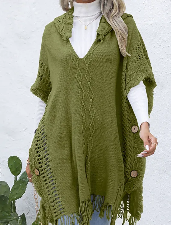 Women's Pullover Casual Solid Color Ribbed V Neck Patchwork Tassel Sleeveless Sleeveless Long Tops Knit Outdoor Date Black Green Spring Fall Women Pullovers & Tops|Shrugs & Capes