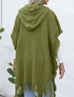 Women's Pullover Casual Solid Color Ribbed V Neck Patchwork Tassel Sleeveless Sleeveless Long Tops Knit Outdoor Date Black Green Spring Fall Women Pullovers & Tops|Shrugs & Capes