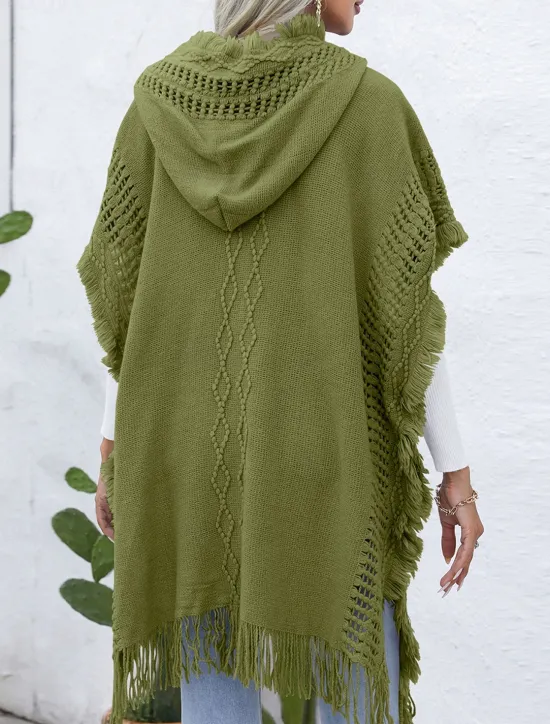 Women's Pullover Casual Solid Color Ribbed V Neck Patchwork Tassel Sleeveless Sleeveless Long Tops Knit Outdoor Date Black Green Spring Fall Women Pullovers & Tops|Shrugs & Capes