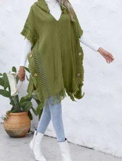 Women's Pullover Casual Solid Color Ribbed V Neck Patchwork Tassel Sleeveless Sleeveless Long Tops Knit Outdoor Date Black Green Spring Fall Women Pullovers & Tops|Shrugs & Capes