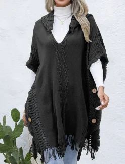 Women's Pullover Casual Solid Color Ribbed V Neck Patchwork Tassel Sleeveless Sleeveless Long Tops Knit Outdoor Date Black Green Spring Fall Women Pullovers & Tops|Shrugs & Capes
