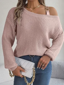 Discount Women's Pullover Casual Soft Pure Color Ribbed One Shoulder Knitted Long Sleeve Regular Tops Knit Outdoor Daily Weekend White Pink Fall Winter Women Pullovers & Tops