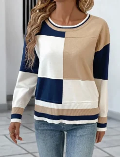 Hot Women's Pullover Elegant Vintage Daily Geometric Crew Neck Check Pattern Long Sleeve Regular Tops Knit School Outdoor Home Spring Fall Women Pullovers & Tops