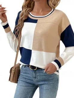 Hot Women's Pullover Elegant Vintage Daily Geometric Crew Neck Check Pattern Long Sleeve Regular Tops Knit School Outdoor Home Spring Fall Women Pullovers & Tops