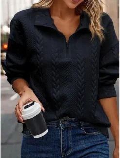 Sale Women's Pullover Elegant Vintage Fashion Plain Work Street Dailywear High Neck Zipper Loose Fit Long Sleeve Black Fall Winter Women Hoodies & Sweatshirts