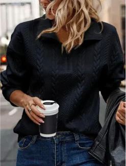 Sale Women's Pullover Elegant Vintage Fashion Plain Work Street Dailywear High Neck Zipper Loose Fit Long Sleeve Black Fall Winter Women Hoodies & Sweatshirts
