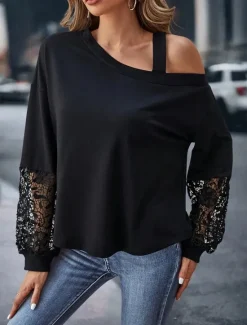 Outlet Women's Pullover Fashion Casual Plain Street Casual Crew Neck Loose Fit Long Sleeve Fall Winter Women Lace Tops
