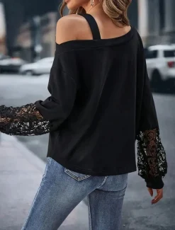 Outlet Women's Pullover Fashion Casual Plain Street Casual Crew Neck Loose Fit Long Sleeve Fall Winter Women Lace Tops