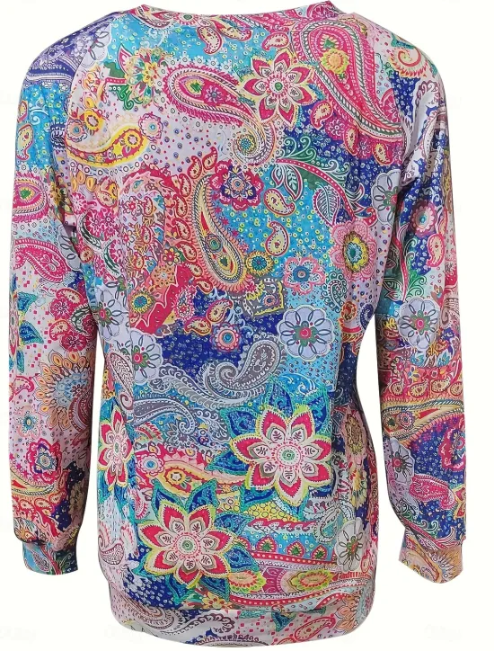 Online Women's Pullover Fashion Ethnic Print Geometric Tribal Street Casual Round Neck Print Loose Fit Long Sleeve Yellow Red Brown Dark Blue Gray Spring Fall & Winter Women Hoodies & Sweatshirts