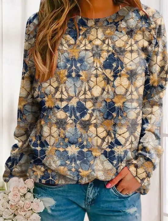 Online Women's Pullover Fashion Ethnic Print Geometric Tribal Street Casual Round Neck Print Loose Fit Long Sleeve Yellow Red Brown Dark Blue Gray Spring Fall & Winter Women Hoodies & Sweatshirts