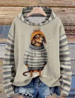 Women's Pullover Hoodie Sweatshirt Dog Striped Casual Long Sleeve Hooded Regular Tops Street Dailywear Black Red Blue Orange Green Fall Winter Women Hoodies & Sweatshirts