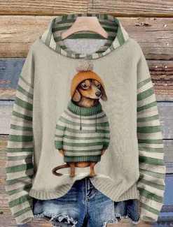 Women's Pullover Hoodie Sweatshirt Dog Striped Casual Long Sleeve Hooded Regular Tops Street Dailywear Black Red Blue Orange Green Fall Winter Women Hoodies & Sweatshirts