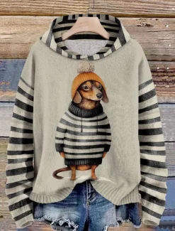 Women's Pullover Hoodie Sweatshirt Dog Striped Casual Long Sleeve Hooded Regular Tops Street Dailywear Black Red Blue Orange Green Fall Winter Women Hoodies & Sweatshirts
