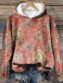 New Women's Pullover Hoodie Sweatshirt Floral Warm Vintage Western Long Sleeve Hooded Regular Tops Street Dailywear Vacation Wear Print Black White Pink Orange Brown Fall Winter Women Hoodies & Sweatshirts