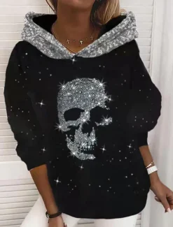 Sale Women's Pullover Hoodie Sweatshirt Pullover Graphic Skull Sparkly Print Weekend 3D Print Active Streetwear Clothing Apparel Hoodies Sweatshirts Green Women Hoodies & Sweatshirts