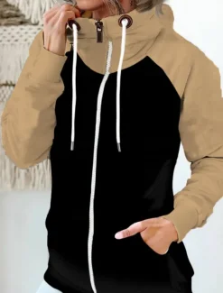 Women's Pullover Hoodie Sweatshirt Color Block Casual Long Sleeve Hooded Regular Tops Street Dailywear Zipper Pocket White Red Khaki Army Green Fall Winter Women Hoodies & Sweatshirts