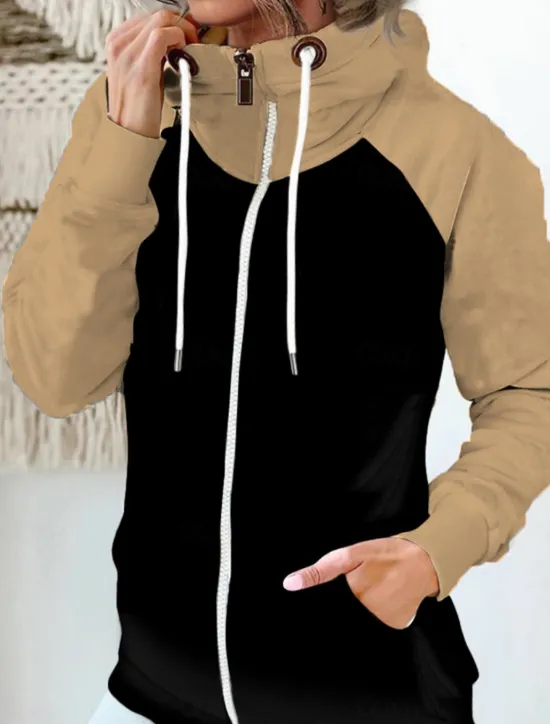 Women's Pullover Hoodie Sweatshirt Color Block Casual Long Sleeve Hooded Regular Tops Street Dailywear Zipper Pocket White Red Khaki Army Green Fall Winter Women Hoodies & Sweatshirts