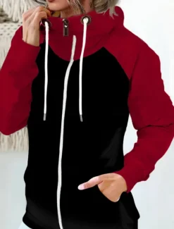 Women's Pullover Hoodie Sweatshirt Color Block Casual Long Sleeve Hooded Regular Tops Street Dailywear Zipper Pocket White Red Khaki Army Green Fall Winter Women Hoodies & Sweatshirts