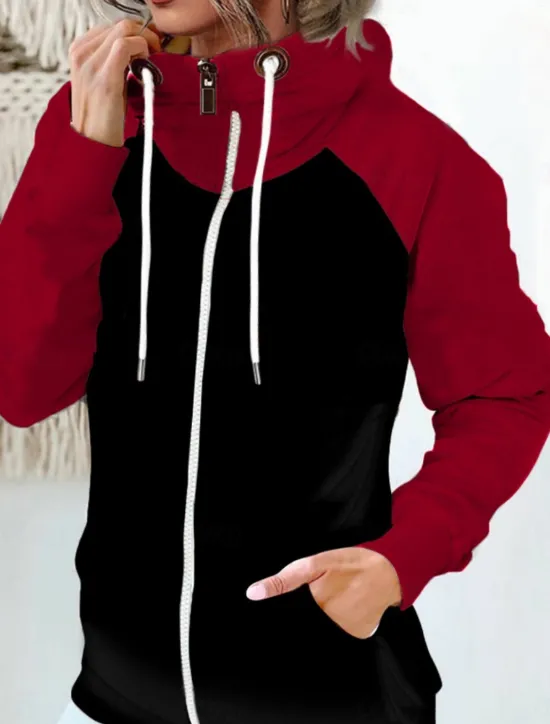 Women's Pullover Hoodie Sweatshirt Color Block Casual Long Sleeve Hooded Regular Tops Street Dailywear Zipper Pocket White Red Khaki Army Green Fall Winter Women Hoodies & Sweatshirts