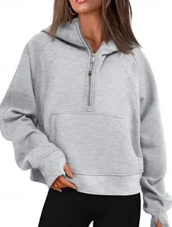 Best Women's Pullover Hoodie Sweatshirt Plain Casual Long Sleeve Hooded Regular Tops Street Dailywear Patchwork Zipper Pocket White Pink Khaki Gray Fall Winter Women Hoodies & Sweatshirts