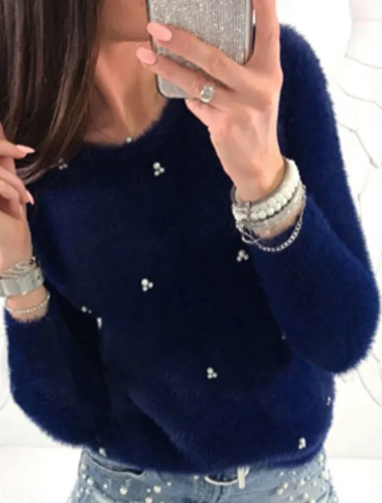Sale Women's Pullover Sweater Jumper Stylish Casual Soft Solid Color Ribbed Crew Neck Beads Long Sleeve Regular Tops Knit Outdoor Daily Going out Black White Fall Winter Women Pullovers & Tops