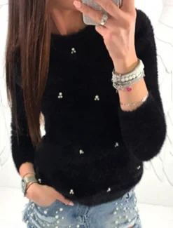Sale Women's Pullover Sweater Jumper Stylish Casual Soft Solid Color Ribbed Crew Neck Beads Long Sleeve Regular Tops Knit Outdoor Daily Going out Black White Fall Winter Women Pullovers & Tops
