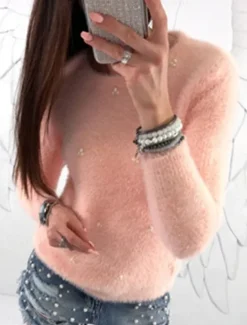 Sale Women's Pullover Sweater Jumper Stylish Casual Soft Solid Color Ribbed Crew Neck Beads Long Sleeve Regular Tops Knit Outdoor Daily Going out Black White Fall Winter Women Pullovers & Tops