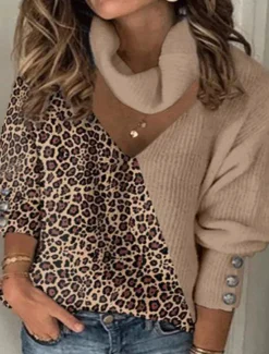 Outlet Women's Pullover Sweater Jumper Stylish Casual Leopard Color Block Maillard Ribbed Turtleneck V Neck Buttons Thin Hole Drop Shoulder Long Sleeve Knit Daily Going out White Khaki Fall Winter Women Pullovers & Tops