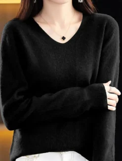Discount Women's Pullover Sweater Jumper Fashion Casual Soft Solid Color Ribbed V Neck Knitted Long Sleeve Regular Tops Knit Outdoor Daily Going out Forest Green Cherry Red Fall Winter Women Pullovers & Tops