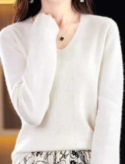 Discount Women's Pullover Sweater Jumper Fashion Casual Soft Solid Color Ribbed V Neck Knitted Long Sleeve Regular Tops Knit Outdoor Daily Going out Forest Green Cherry Red Fall Winter Women Pullovers & Tops