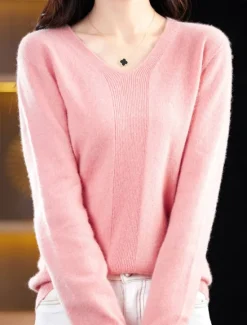 Discount Women's Pullover Sweater Jumper Fashion Casual Soft Solid Color Ribbed V Neck Knitted Long Sleeve Regular Tops Knit Outdoor Daily Going out Forest Green Cherry Red Fall Winter Women Pullovers & Tops
