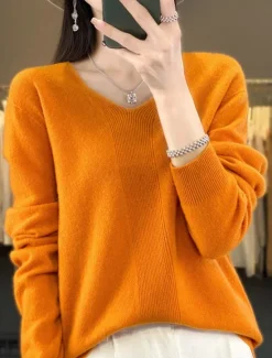 Discount Women's Pullover Sweater Jumper Fashion Casual Soft Solid Color Ribbed V Neck Knitted Long Sleeve Regular Tops Knit Outdoor Daily Going out Forest Green Cherry Red Fall Winter Women Pullovers & Tops