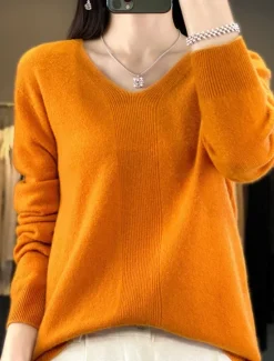 Discount Women's Pullover Sweater Jumper Fashion Casual Soft Solid Color Ribbed V Neck Knitted Long Sleeve Regular Tops Knit Outdoor Daily Going out Forest Green Cherry Red Fall Winter Women Pullovers & Tops