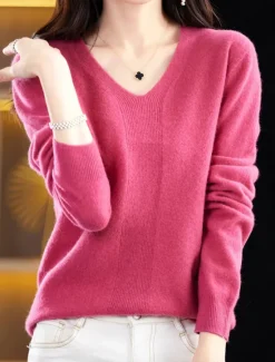 Discount Women's Pullover Sweater Jumper Fashion Casual Soft Solid Color Ribbed V Neck Knitted Long Sleeve Regular Tops Knit Outdoor Daily Going out Forest Green Cherry Red Fall Winter Women Pullovers & Tops