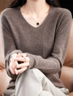 Discount Women's Pullover Sweater Jumper Fashion Casual Soft Solid Color Ribbed V Neck Knitted Long Sleeve Regular Tops Knit Outdoor Daily Going out Forest Green Cherry Red Fall Winter Women Pullovers & Tops