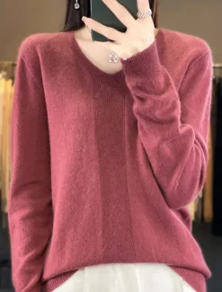 Discount Women's Pullover Sweater Jumper Fashion Casual Soft Solid Color Ribbed V Neck Knitted Long Sleeve Regular Tops Knit Outdoor Daily Going out Forest Green Cherry Red Fall Winter Women Pullovers & Tops