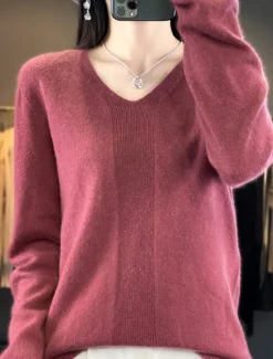 Discount Women's Pullover Sweater Jumper Fashion Casual Soft Solid Color Ribbed V Neck Knitted Long Sleeve Regular Tops Knit Outdoor Daily Going out Forest Green Cherry Red Fall Winter Women Pullovers & Tops