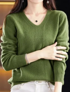 Discount Women's Pullover Sweater Jumper Fashion Casual Soft Solid Color Ribbed V Neck Knitted Long Sleeve Regular Tops Knit Outdoor Daily Going out Forest Green Cherry Red Fall Winter Women Pullovers & Tops
