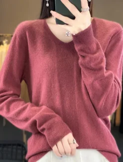 Discount Women's Pullover Sweater Jumper Fashion Casual Soft Solid Color Ribbed V Neck Knitted Long Sleeve Regular Tops Knit Outdoor Daily Going out Forest Green Cherry Red Fall Winter Women Pullovers & Tops