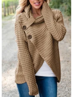 New Women's Pullover Sweater Jumper Turtleneck Knit Button Knitted Fall Winter Outdoor New Year Fashion Casual Soft Long Sleeve Solid Color Women Pullovers & Tops