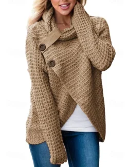 New Women's Pullover Sweater Jumper Turtleneck Knit Button Knitted Fall Winter Outdoor New Year Fashion Casual Soft Long Sleeve Solid Color Women Pullovers & Tops