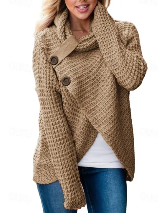 New Women's Pullover Sweater Jumper Turtleneck Knit Button Knitted Fall Winter Outdoor New Year Fashion Casual Soft Long Sleeve Solid Color Women Pullovers & Tops