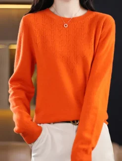 Online Women's Pullover Sweater Jumper Fashion Streetwear Casual Solid Color Ribbed Crew Neck Knitted Long Sleeve Regular Tops Knit Outdoor Home Daily Cherry Red Shrimp Pink Fall Winter Women Pullovers & Tops