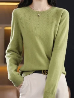 Online Women's Pullover Sweater Jumper Fashion Streetwear Casual Solid Color Ribbed Crew Neck Knitted Long Sleeve Regular Tops Knit Outdoor Home Daily Cherry Red Shrimp Pink Fall Winter Women Pullovers & Tops
