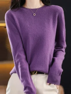 Online Women's Pullover Sweater Jumper Fashion Streetwear Casual Solid Color Ribbed Crew Neck Knitted Long Sleeve Regular Tops Knit Outdoor Home Daily Cherry Red Shrimp Pink Fall Winter Women Pullovers & Tops