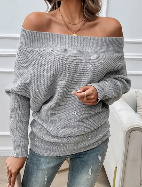 Outlet Women's Pullover Sweater Jumper Fashion Casual Solid Color Chunky Off Shoulder Beads Drop Shoulder Long Sleeve Regular Tops Knit Daily Khaki Gray Spring Fall Women Pullovers & Tops