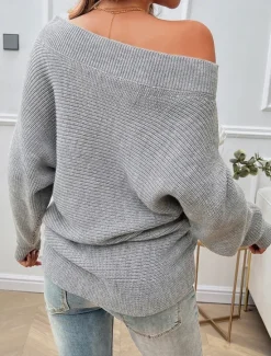 Outlet Women's Pullover Sweater Jumper Fashion Casual Solid Color Chunky Off Shoulder Beads Drop Shoulder Long Sleeve Regular Tops Knit Daily Khaki Gray Spring Fall Women Pullovers & Tops