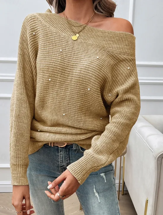 Outlet Women's Pullover Sweater Jumper Fashion Casual Solid Color Chunky Off Shoulder Beads Drop Shoulder Long Sleeve Regular Tops Knit Daily Khaki Gray Spring Fall Women Pullovers & Tops