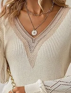 Best Women's Pullover Sweater Jumper Elegant Solid Color Ribbed V Neck Lace Long Sleeve Regular Tops Knit Daily Black White Spring Fall Women Pullovers & Tops