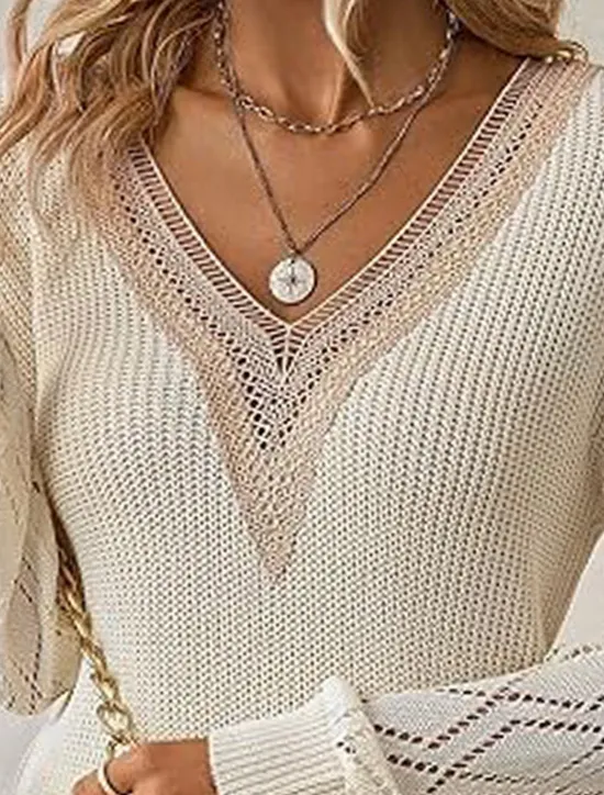 Best Women's Pullover Sweater Jumper Elegant Solid Color Ribbed V Neck Lace Long Sleeve Regular Tops Knit Daily Black White Spring Fall Women Pullovers & Tops